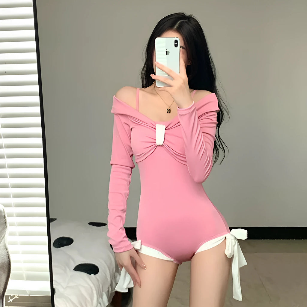 Women's long sleeve one-piece swimsuit in pink or black polyester fabric with Asian sizing