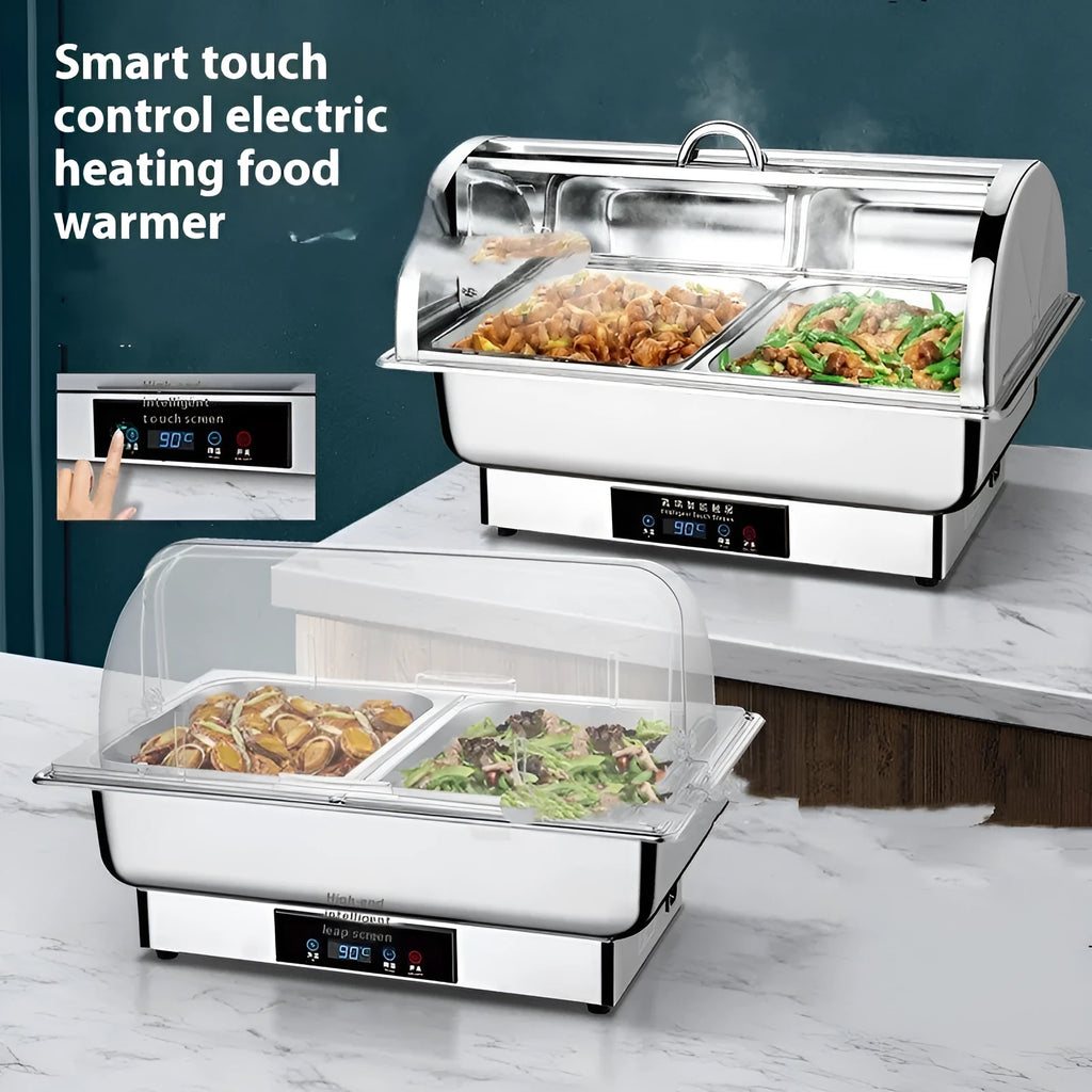 Stainless steel electric buffet stove with transparent flip lid and LCD temperature control display