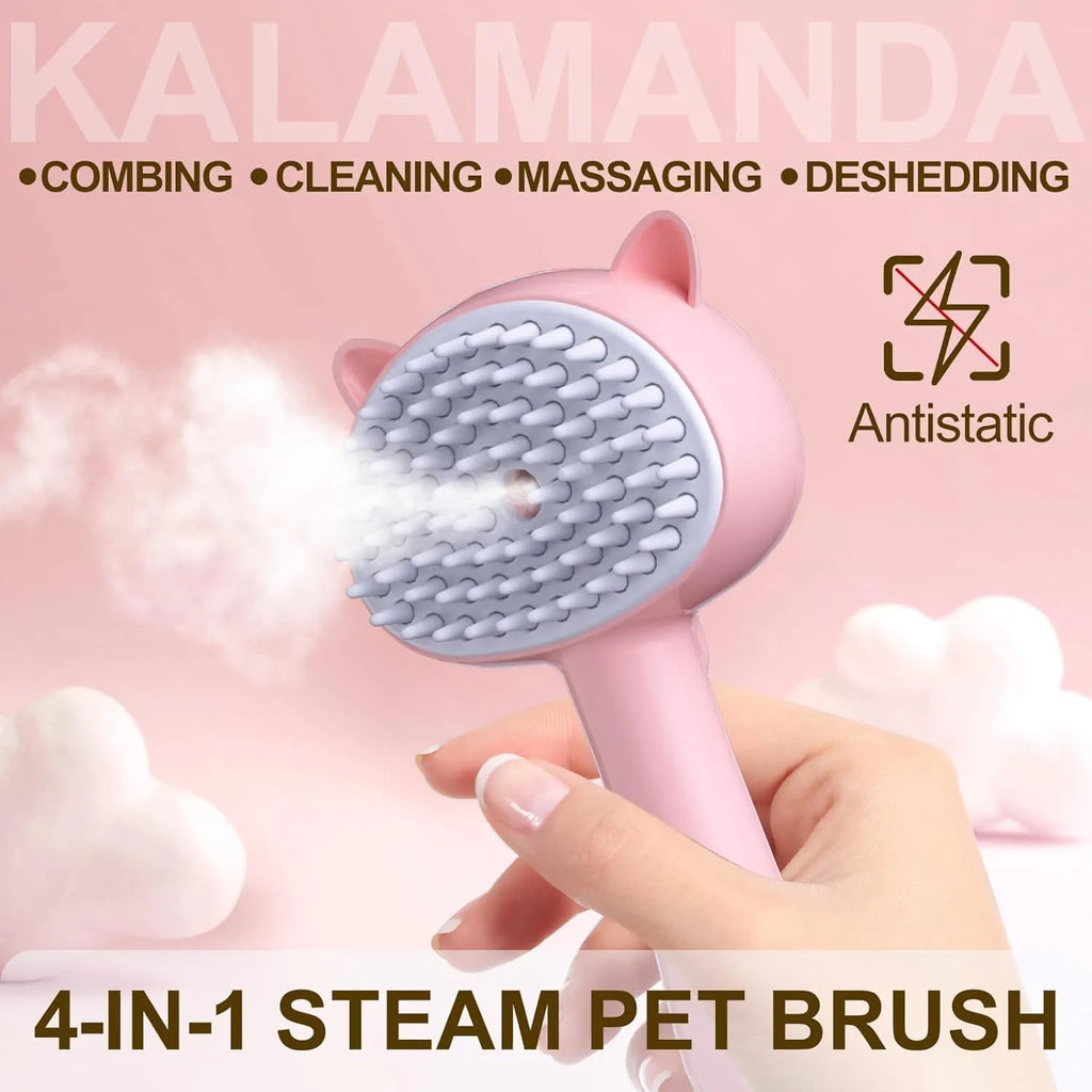 Cat ear-shaped steam brush with ergonomic handle and release button in blue, pink or yellow colour