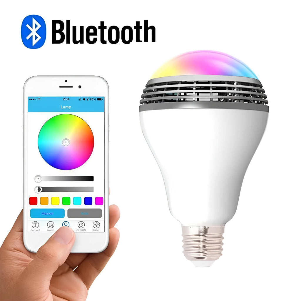E27 LED smart bulb with Bluetooth speaker showing RGB+W colour changing light capabilities