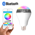 E27 LED smart bulb with Bluetooth speaker showing RGB+W colour changing light capabilities
