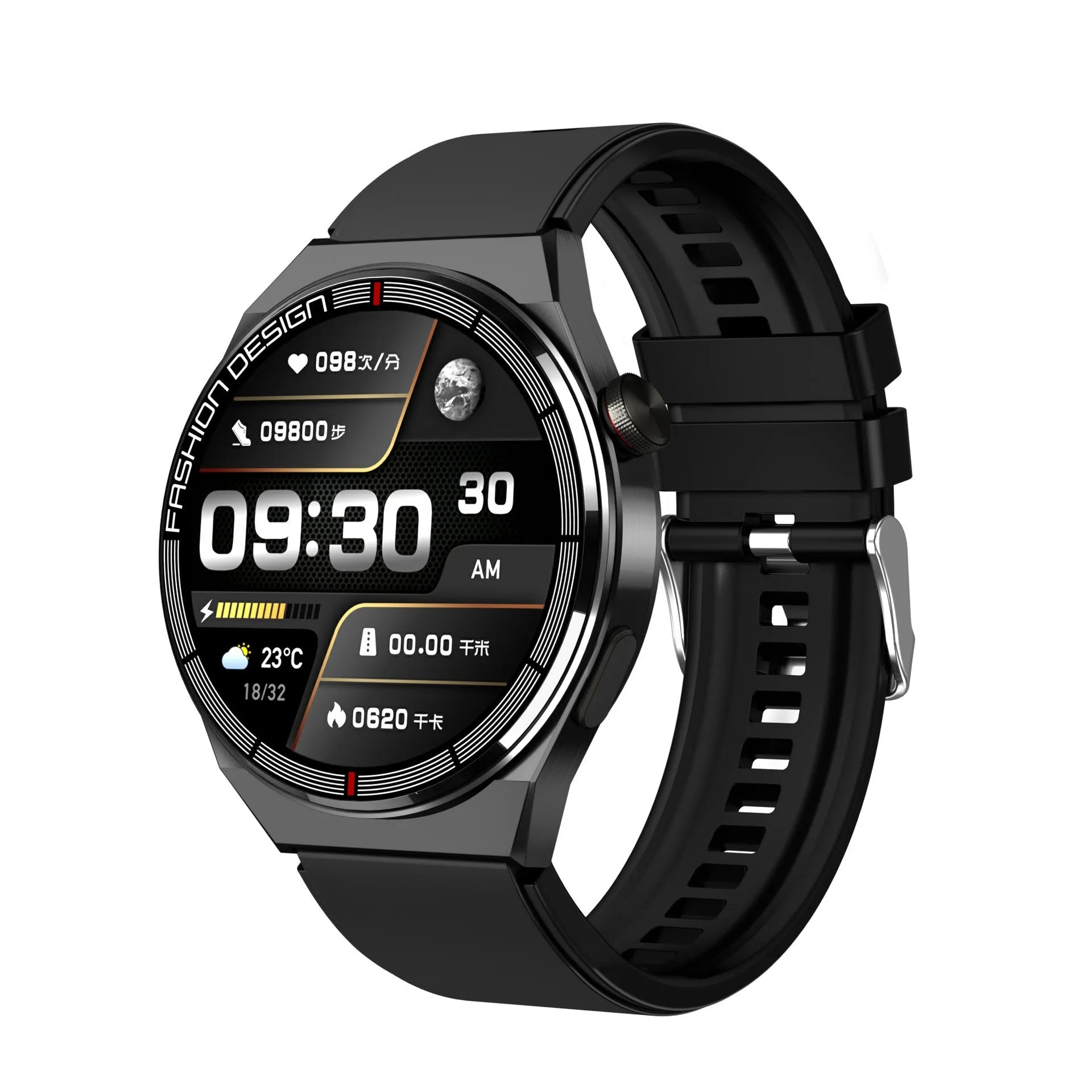 1.28-inch smartwatch showing health metrics on screen with silicone wrist strap