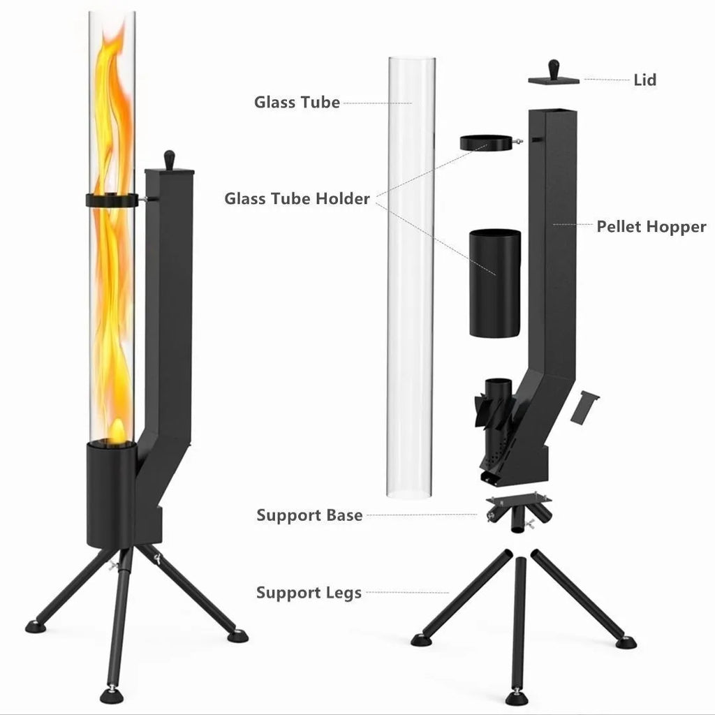 Vertical black cast iron wood burning rocket furnace for courtyard heating