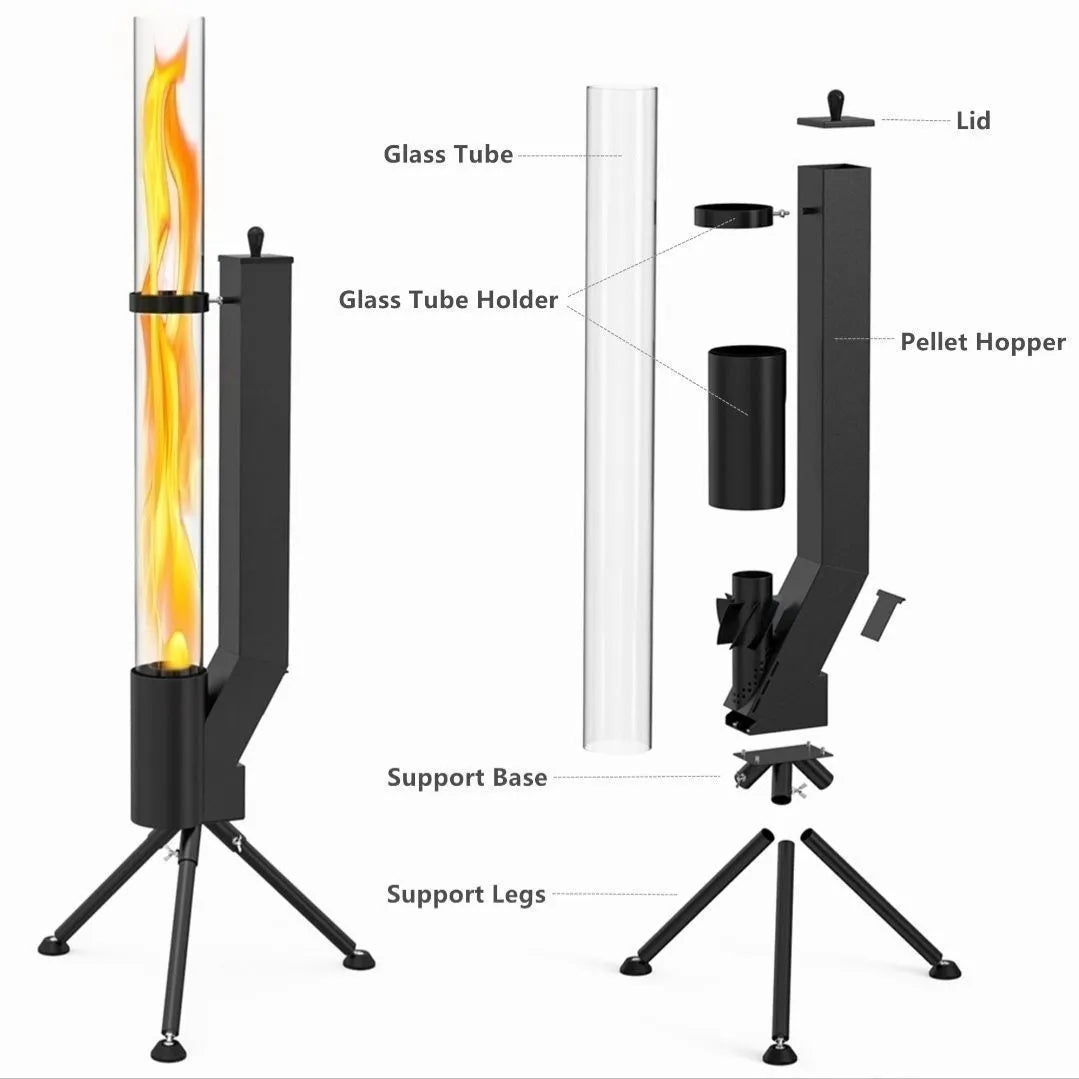 Vertical black cast iron wood burning rocket furnace for courtyard heating
