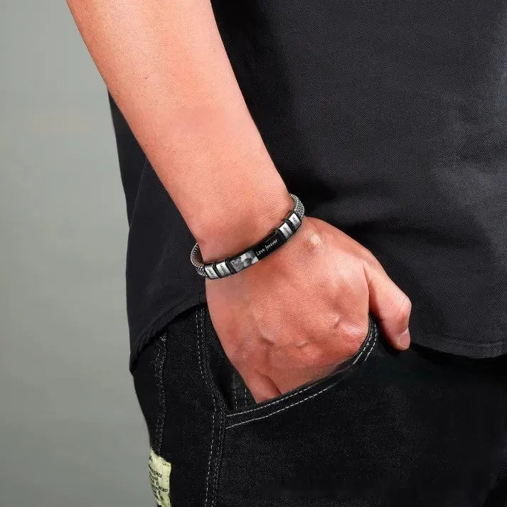Men's stainless steel lettering bracelet with heart-shaped beads on leather rope band