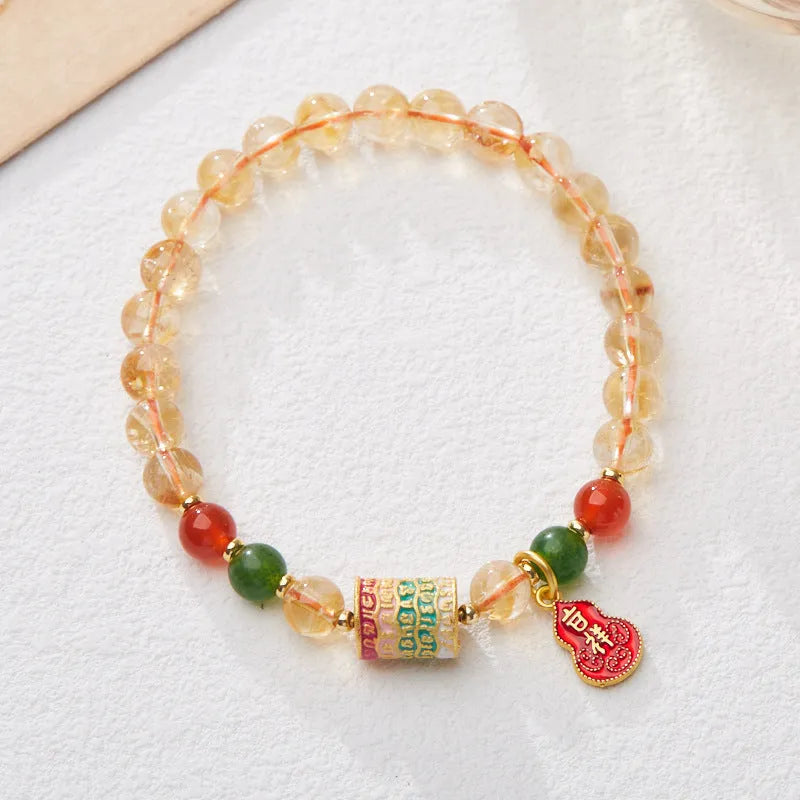 Hand-woven citrine five sutra bracelet with 6mm crystal beads and geometric pattern