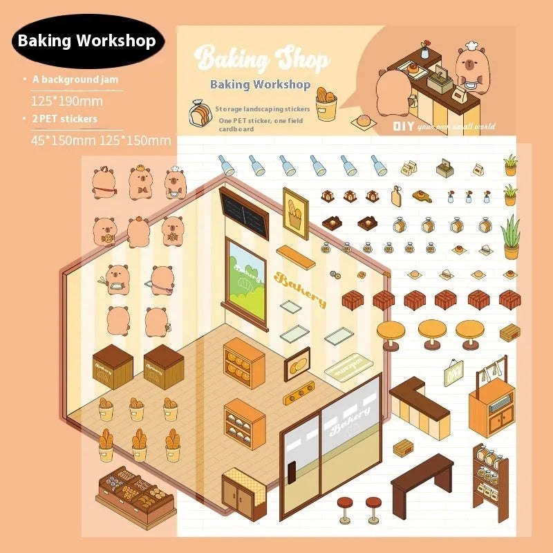 Capabala pre-cut PET cartoon sticker sheet in themes like pink restaurant and green bookstore.
