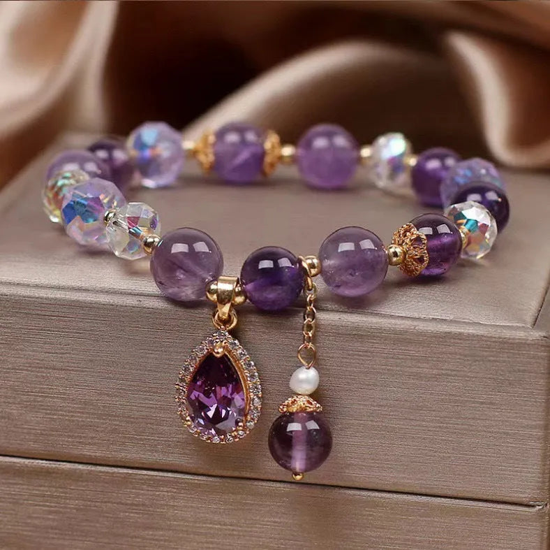 Women's natural amethyst bracelet with purple crystal stones and micro inlay detailing