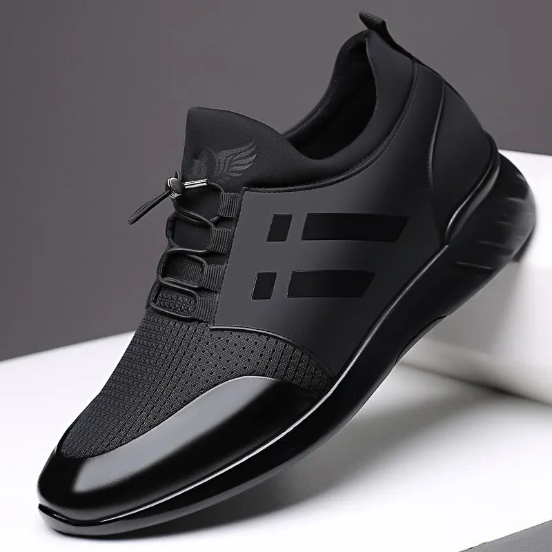 Men's black height increasing casual shoes with hidden 8cm heel in leather or mesh options