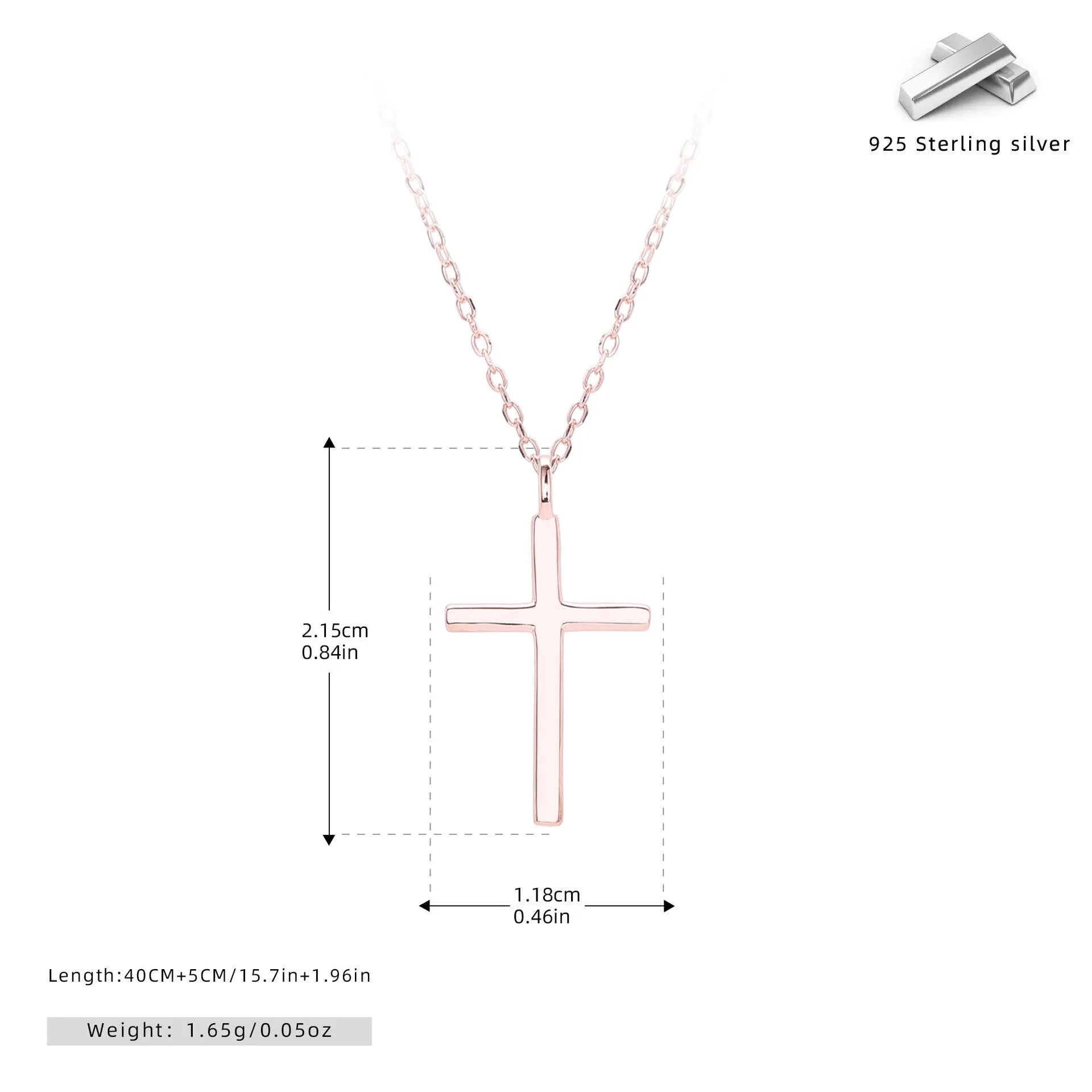 Sterling silver necklace with simple cross pendant on adjustable O-shaped chain in gold, platinum, or rose gold finish