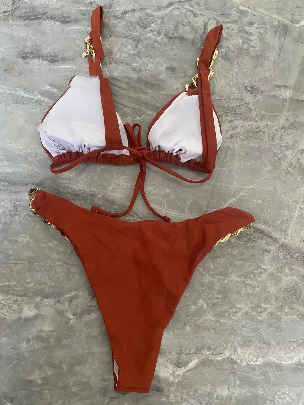 Brown push up tube top bikini with a ring tether detail on the split style swimsuit bottom.