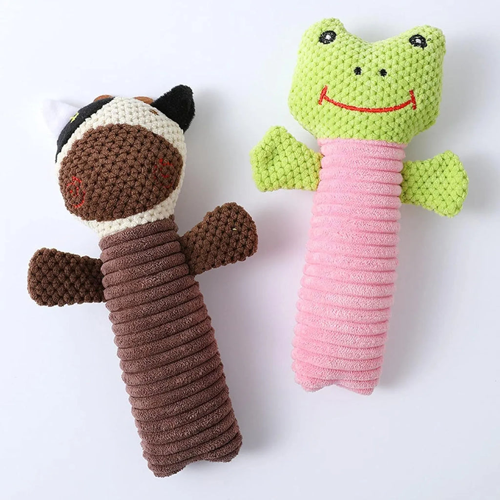 Three dog squeaky chew toys showing calf, frog, and puppy shapes, 19cm long soft plush construction