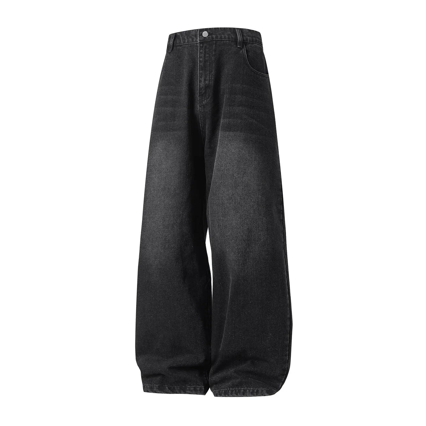 Men's vintage washed distressed straight loose jeans in black, mid waist button fly, cotton blend fabric