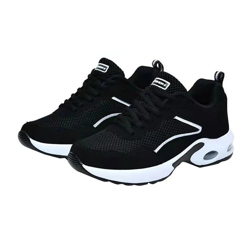 Breathable mesh low top flat heel sneaker for middle-aged and elderly, black and white colour option, size 39