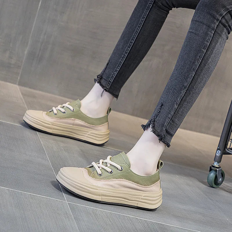 Women's leather platform sneakers in matcha green, purple, and orange colours with round toe and lace-up front.