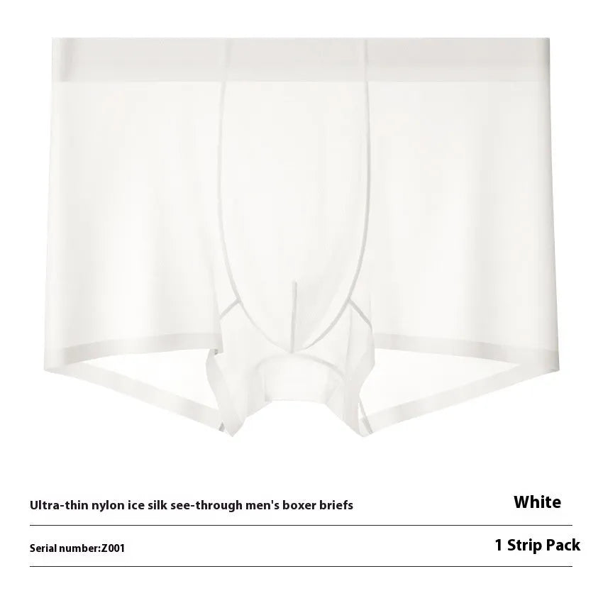 Seamless Ice Silk men's boxer briefs in white, shown flat to highlight traceless construction.