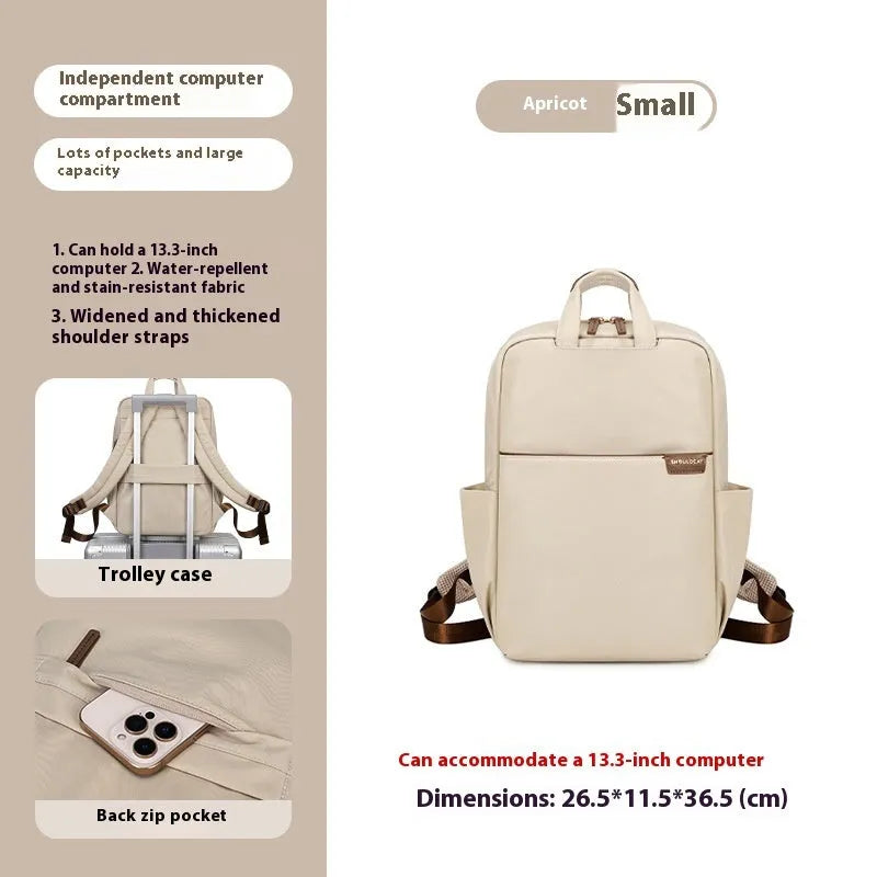 Women's canvas travel backpack showing organisational compartments and breathable design in apricot colour