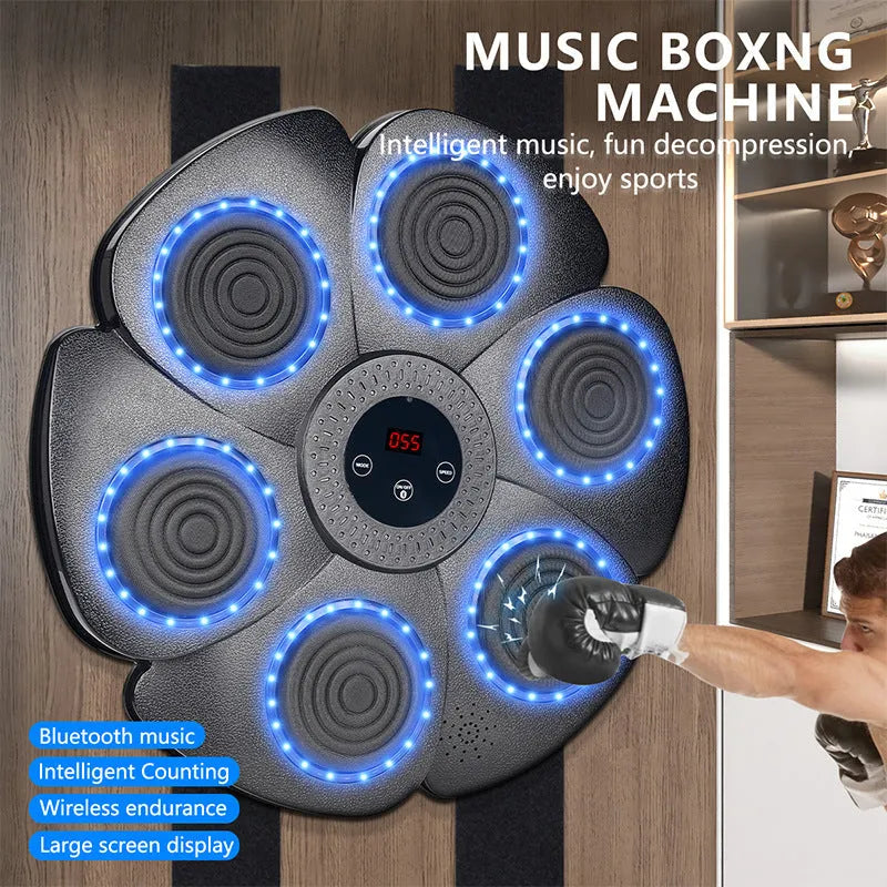 Black smart music boxing machine wall target with Bluetooth and LED lights, includes half finger boxing gloves