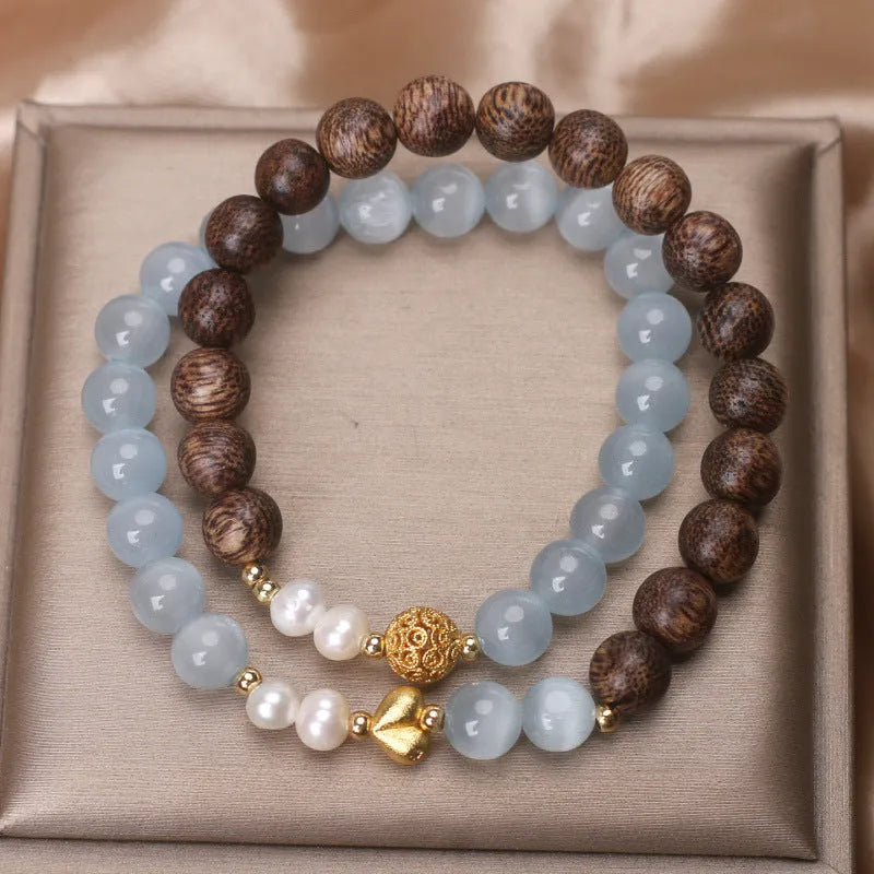 Natural agarwood opal double ring bracelet with light blue crystal lotus seedpod centrepiece, women's ethnic style