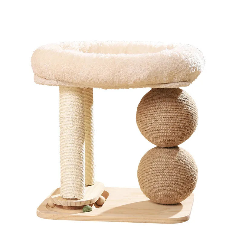 Pine wood cat nest with sisal scratching surfaces and double-ball design for feline play and rest