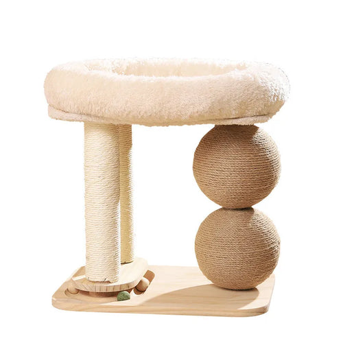 Pine wood cat nest with sisal scratching surfaces and double-ball design for feline play and rest