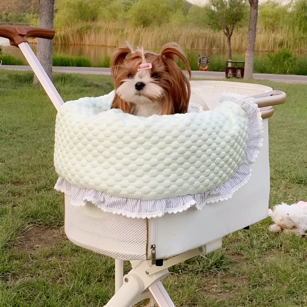 Pet stroller three-piece set showing removable cotton towel, cushion and pillow for cats and dogs