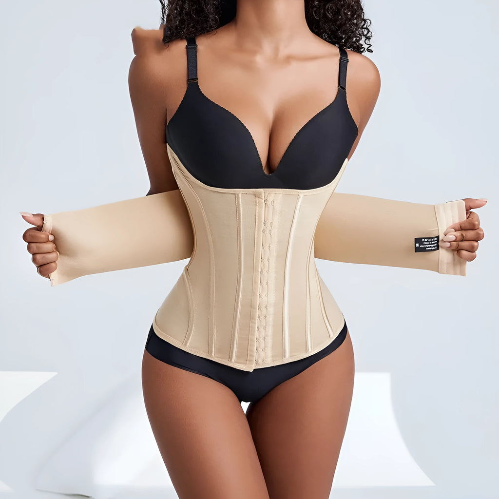 Apricot and black nylon waist training belt with adjustable tie on a white background