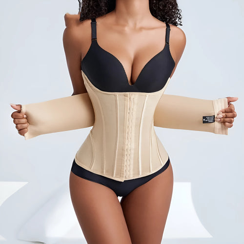 Apricot and black nylon waist training belt with adjustable tie on a white background