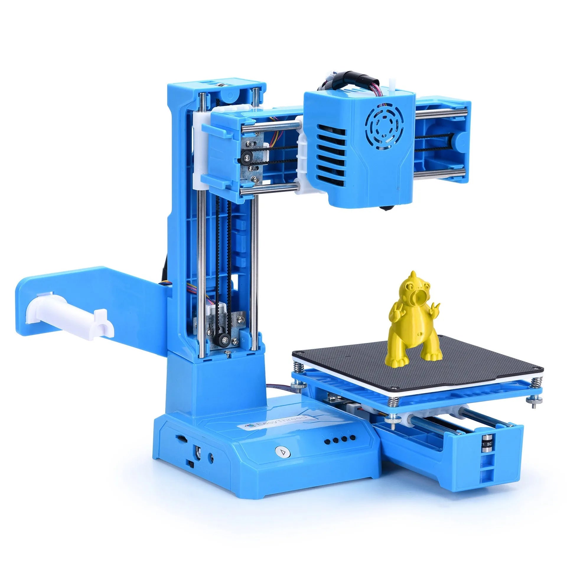 K9 New Mini desktop 3D printer on a table, showing its compact size and build plate.