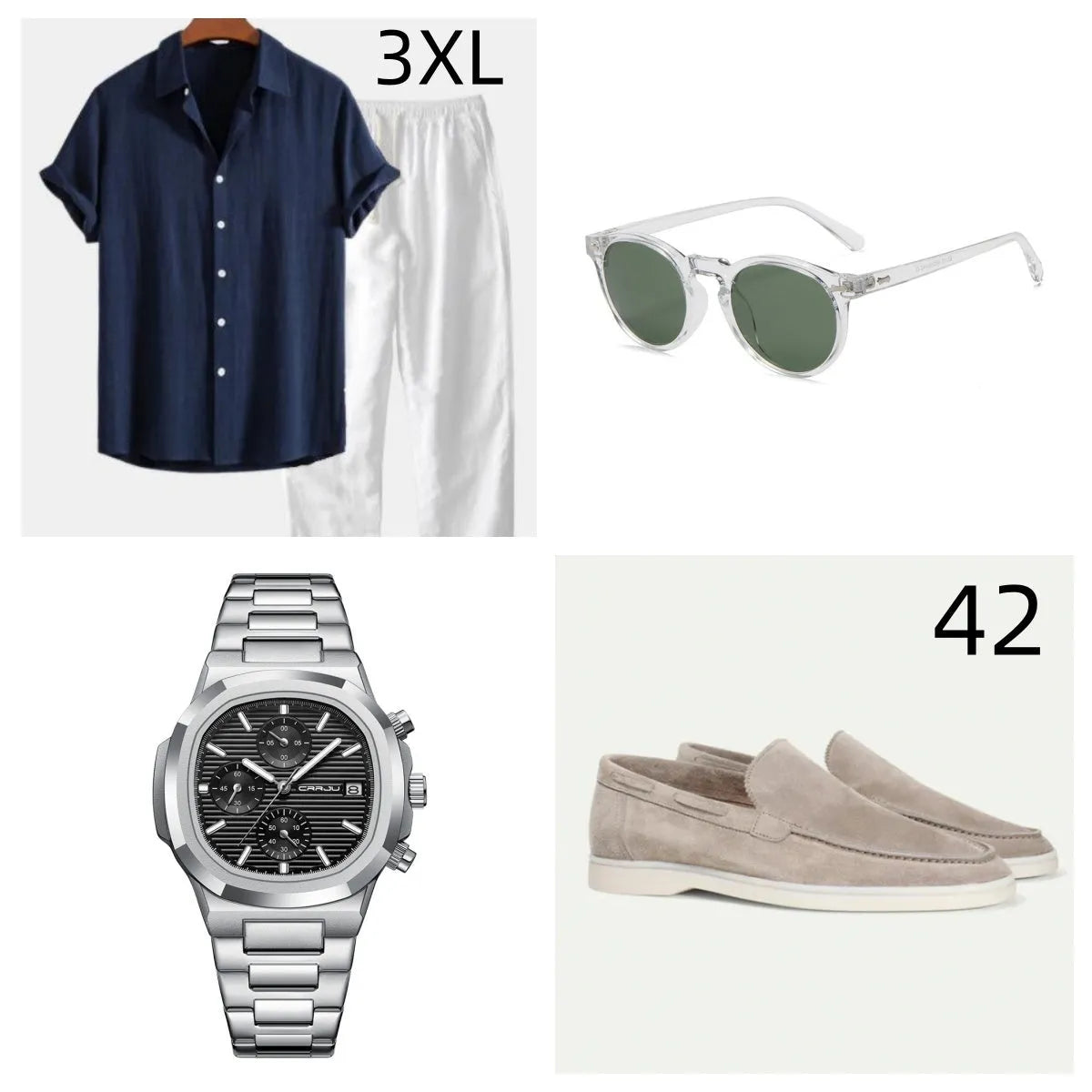 Women's navy blue cotton linen summer suit set with half sleeves, trousers and matching accessories
