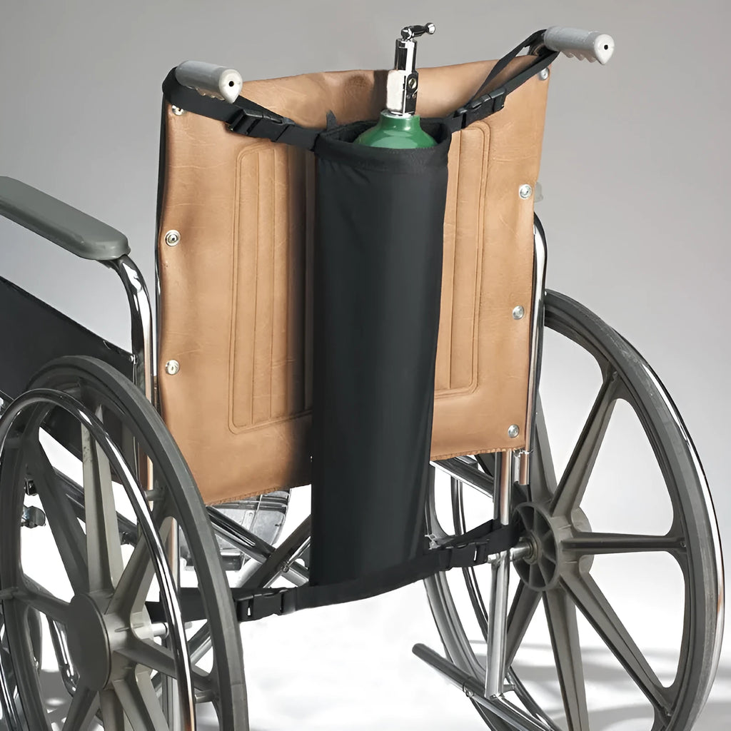 Black cylindrical wheelchair pannier bag for oxygen cylinder transport made from 600D Oxford cloth.