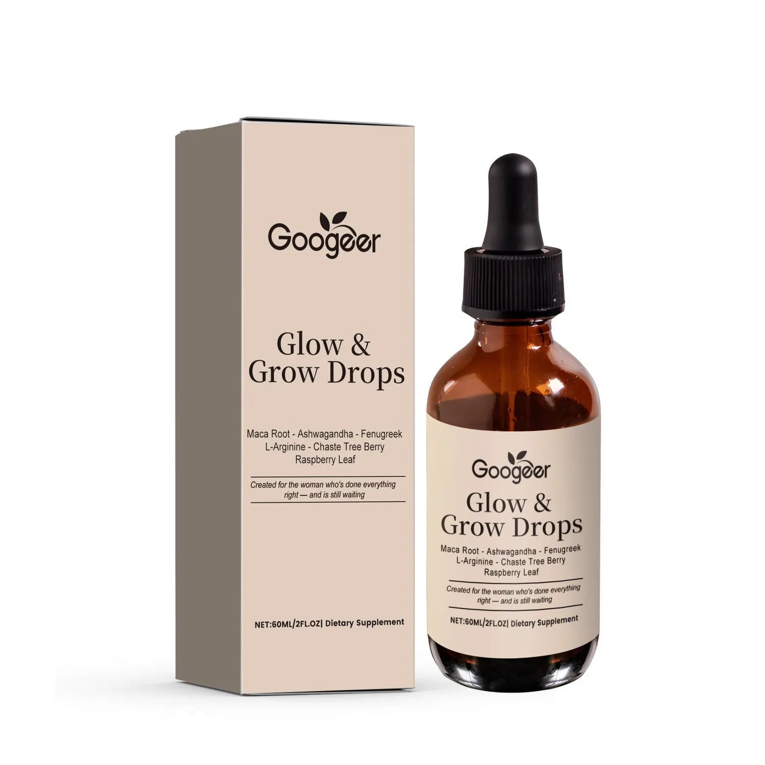60ml bottle of Female Estrogen Balance Drops with dropper top, containing liquid hormone support formula with Maca, fenugreek, and raspberry leaf extracts