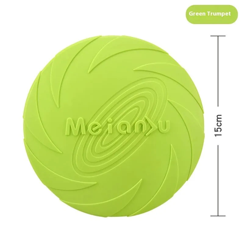 Soft rubber dog frisbee flying disc toy in red, blue, and green colours showing small, medium, and large sizes