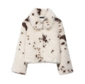 Women's artificial fur animal pattern long sleeve coat with faux fur collar in brown colour socialite style