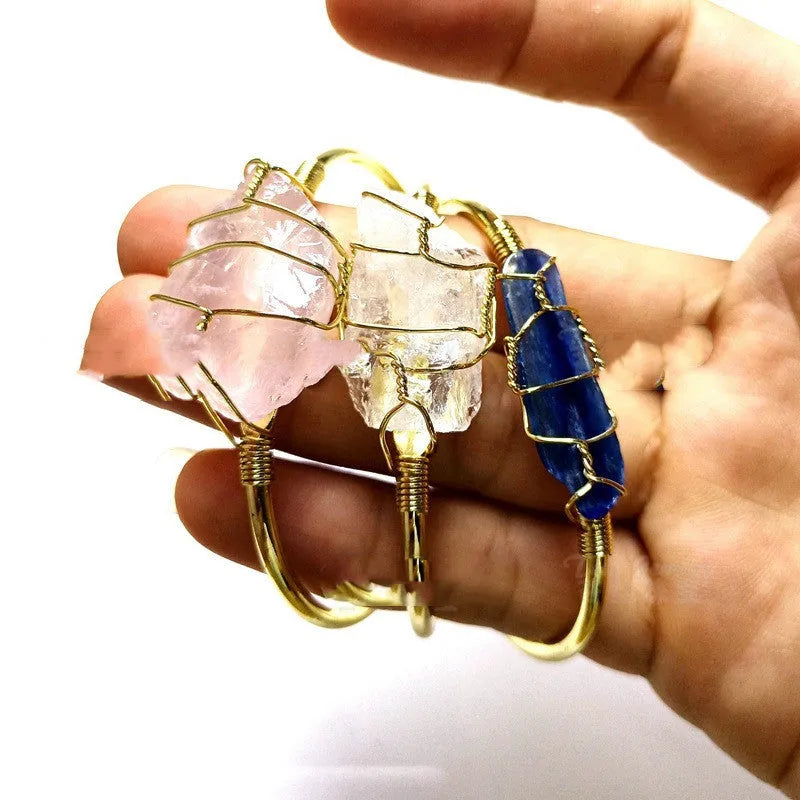 Natural rough crystal bracelet with gold wire winding in geometric bohemian design
