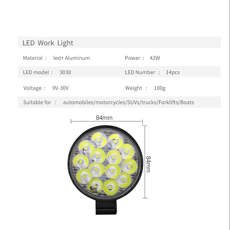 White mini round aluminium LED work light for car, truck, or boat with 42W power and IP67 rating.