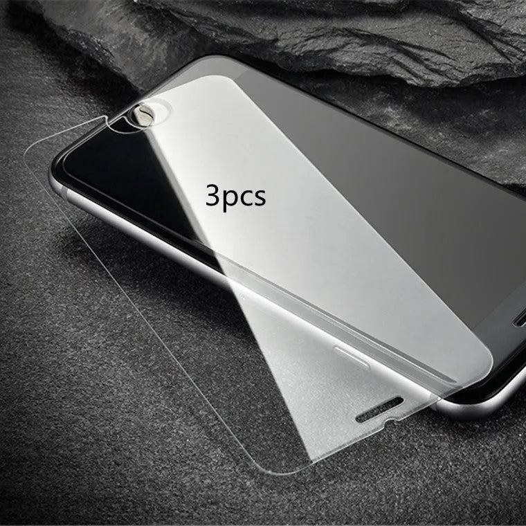 Tempered glass screen protector with 9H hardness for iPhone and Samsung phones.