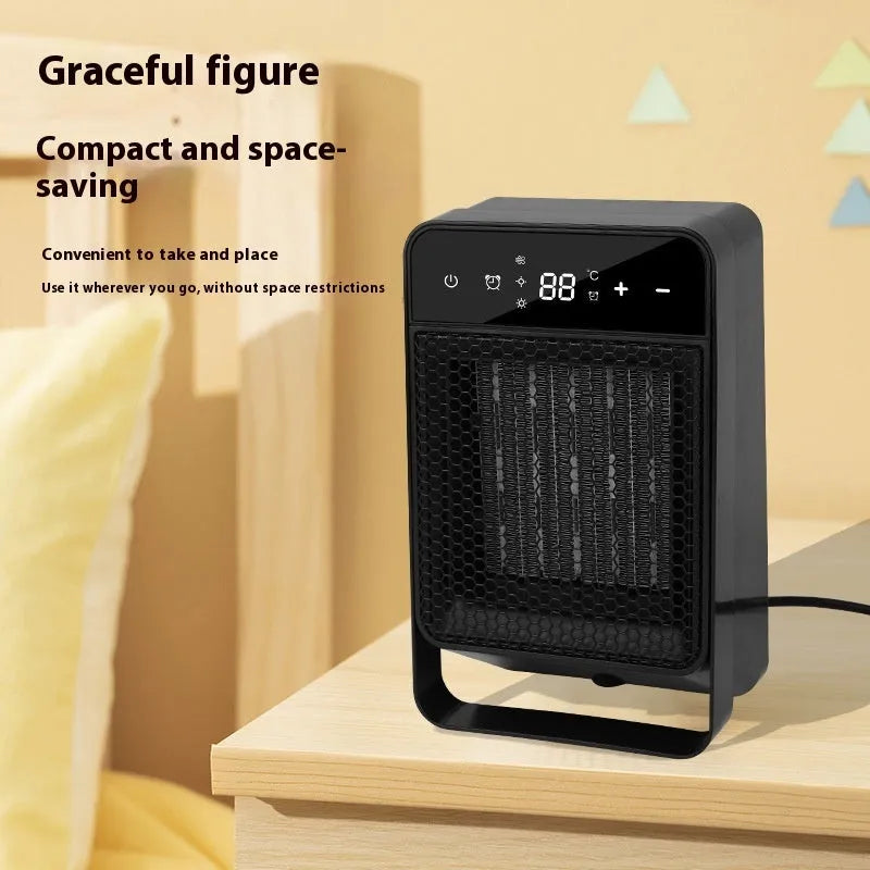 Black desktop electric heater with touch screen digital display and remote control on wooden desk
