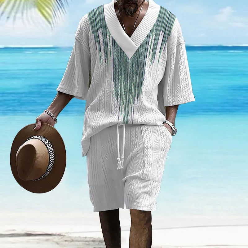 Men's printed knitted shorts suit with drop-shoulder short-sleeved top and matching shorts
