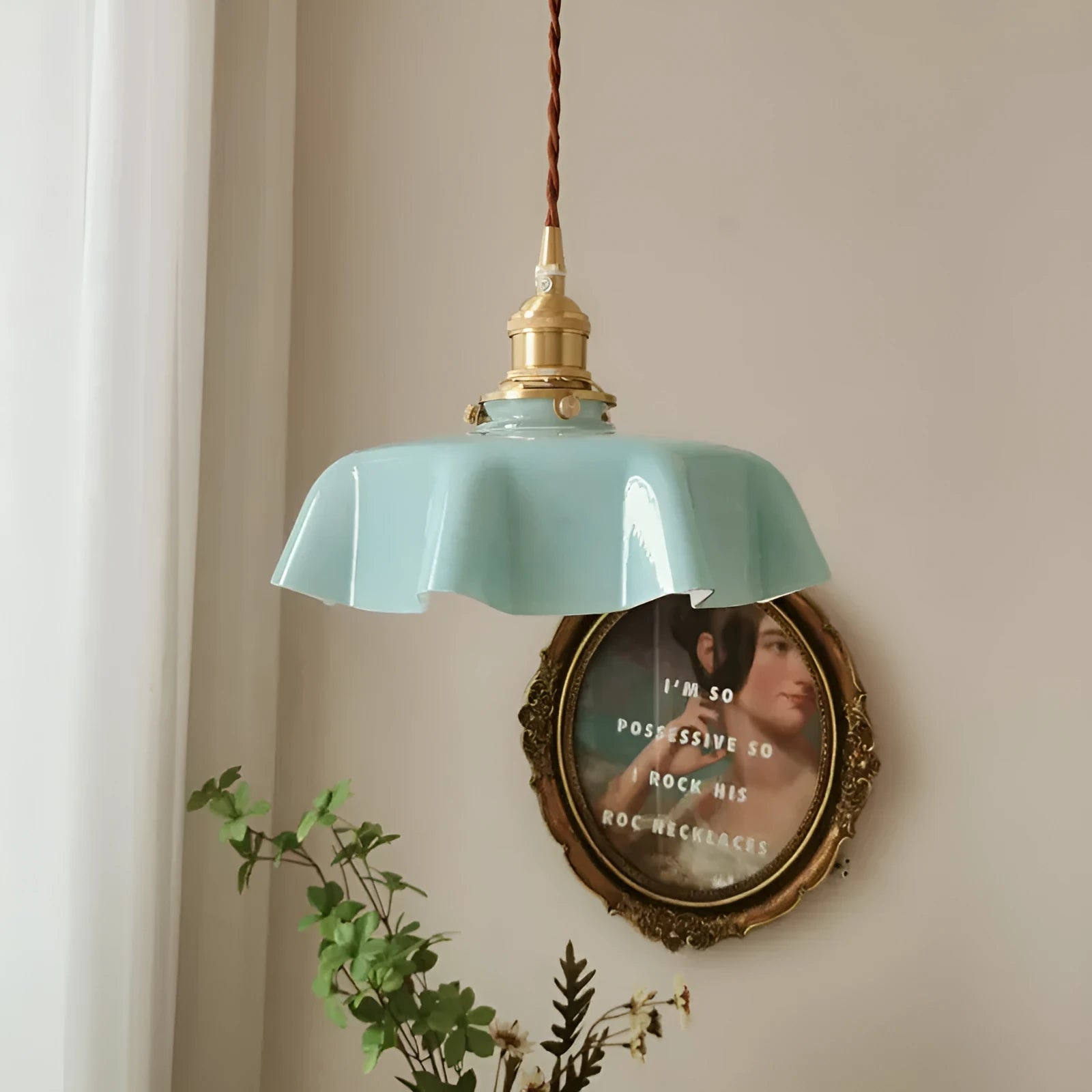 Medieval brass flower bud French chandelier with adjustable height in light blue colour option