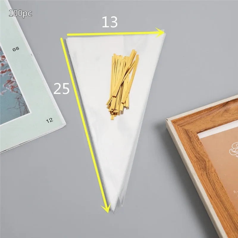 Transparent triangular OPP plastic packaging bags with tie wire closure in three size options