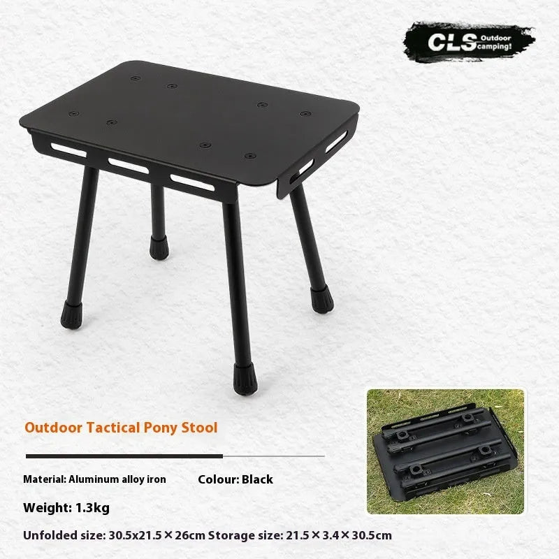 CLS aluminium dual-use folding camping stool shown extended as a table and folded with its carry bag.