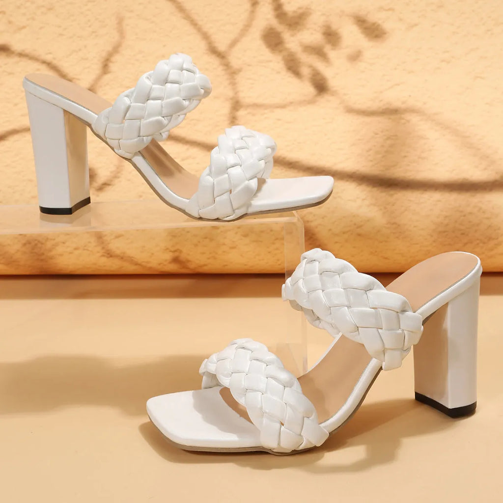 Square toe chunky heel flip-flops with woven twisted upper in white colour