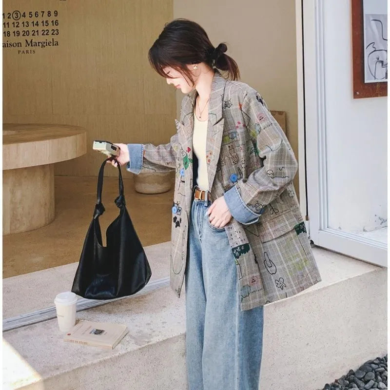 Loose polyester retro coat with graffiti plaid pattern, sleeveless, available in multiple sizes