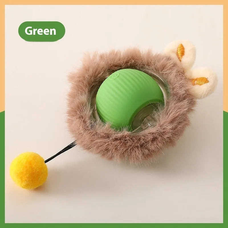 Silicone cat rolling ball toy in green, grey, red, and pink plush designs with optional rope attachment