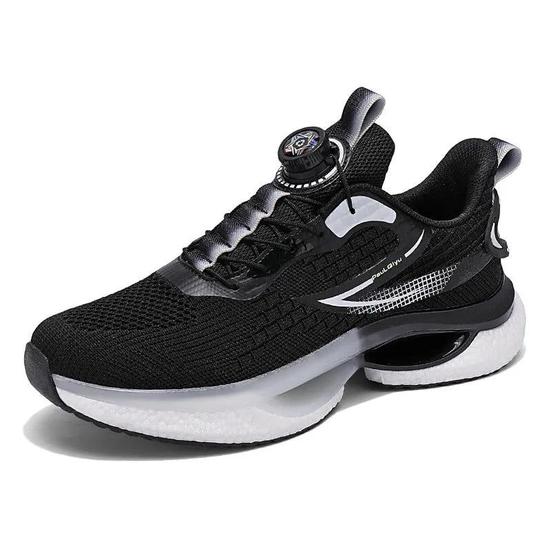 Men's white Korean-style running shoes with rotating button fastening and mesh upper