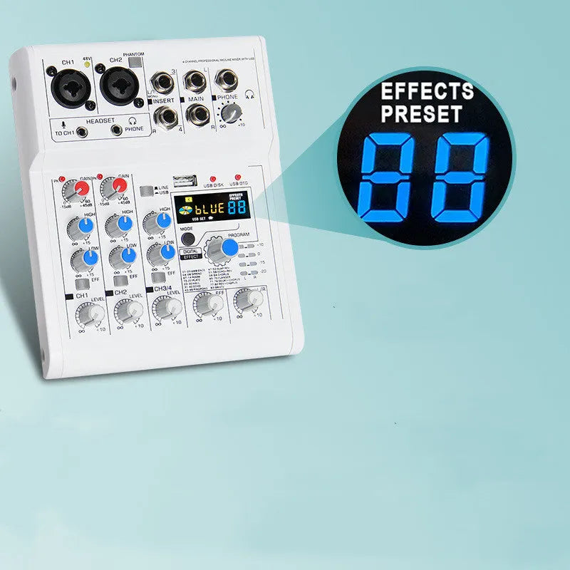 White Mancheze4 Mini 4-channel sound card mixer with Bluetooth and USB interface