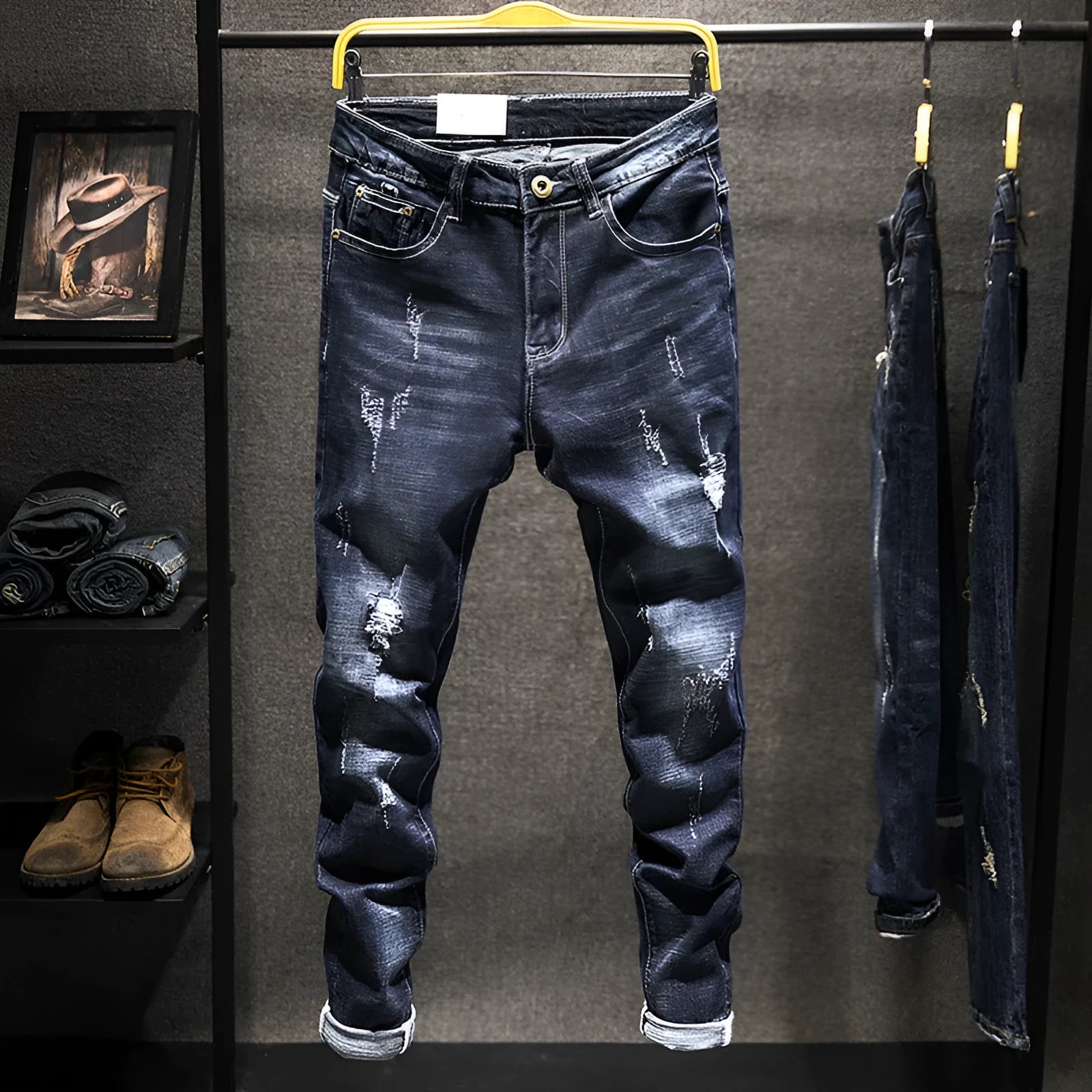 Men's slim-fit blue jeans with micro-elastic denim fabric on hanger