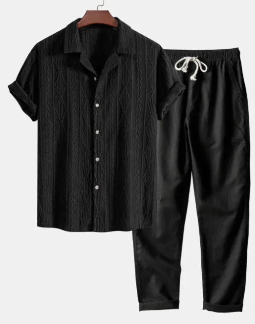 Men's slim fit camouflage print linen shirt and trousers casual set.