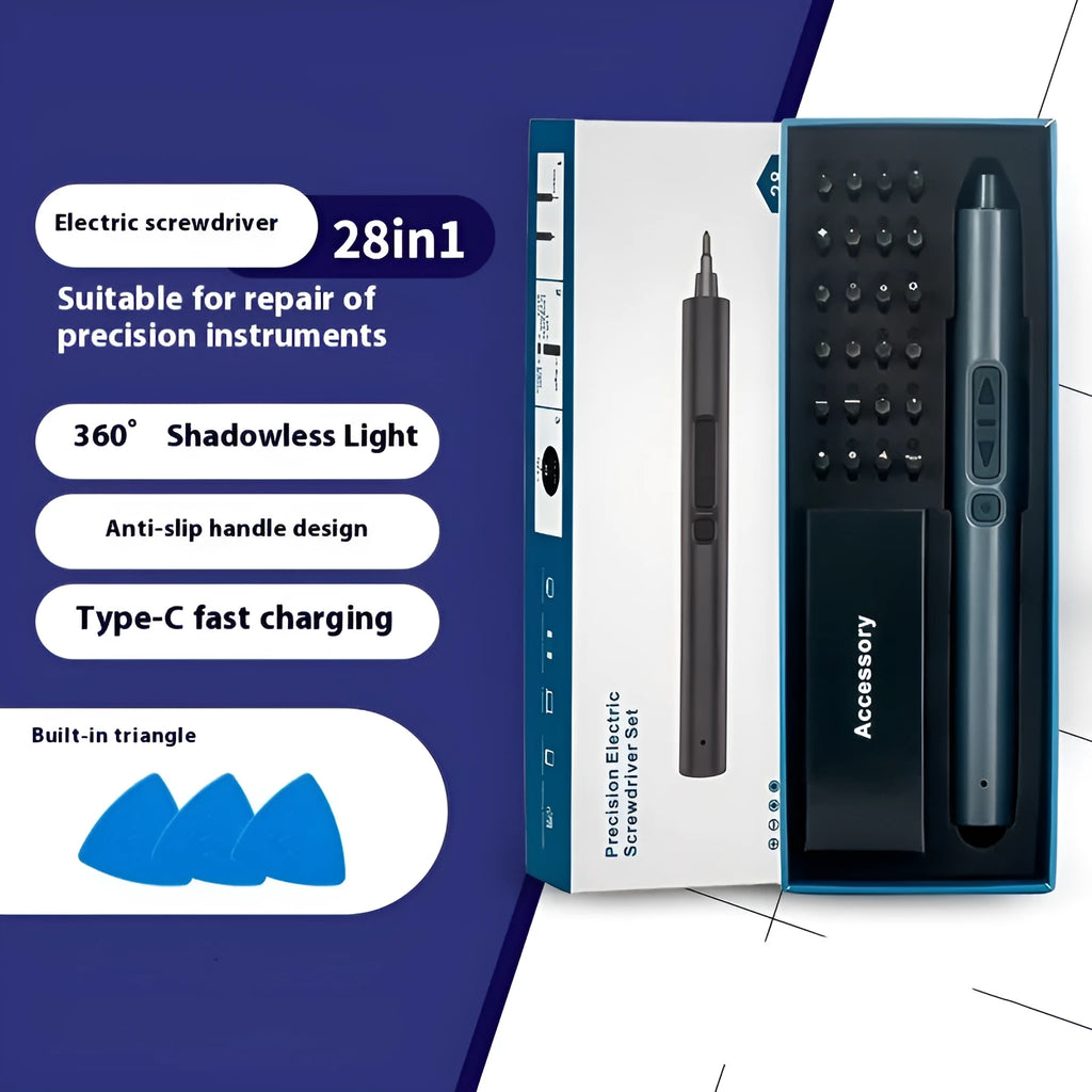 Rechargeable 28-in-1 mini electric screwdriver with bits and battery indicator